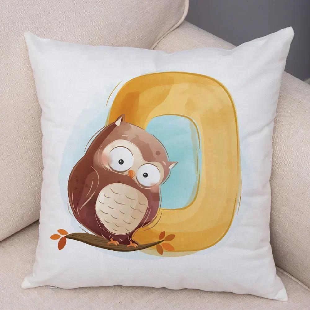 Cute Cartoon Cushion Cover Water Color English Letter Print Pillow Case Soft Animal Print Pillowcase For Children Room Decor