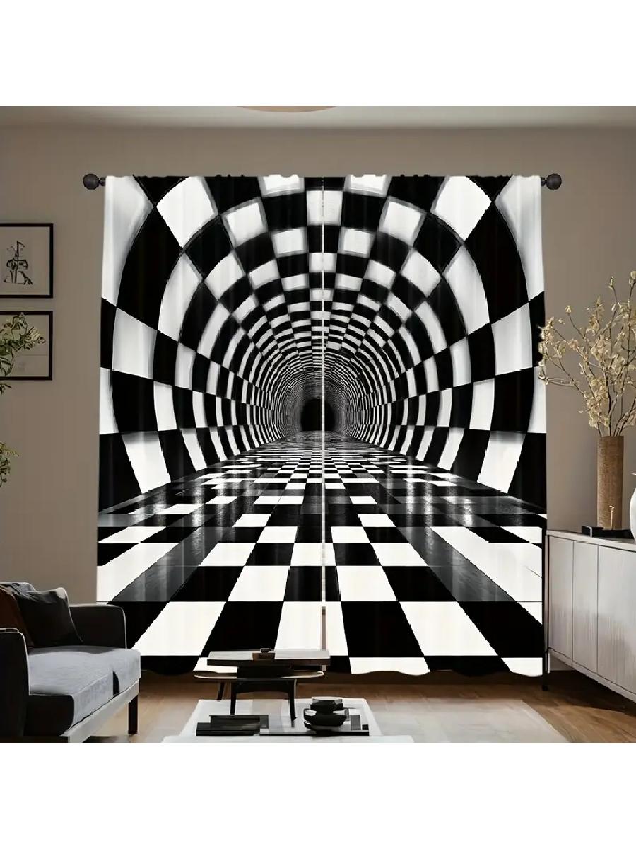 

Modern Optical Illusion Checkered Printed Curtains Designed Quality Material Ideal Art Home Wind Semi Sheer Set Of 2 Made Polyester W100*H70(CM)-Hooks&1PCS