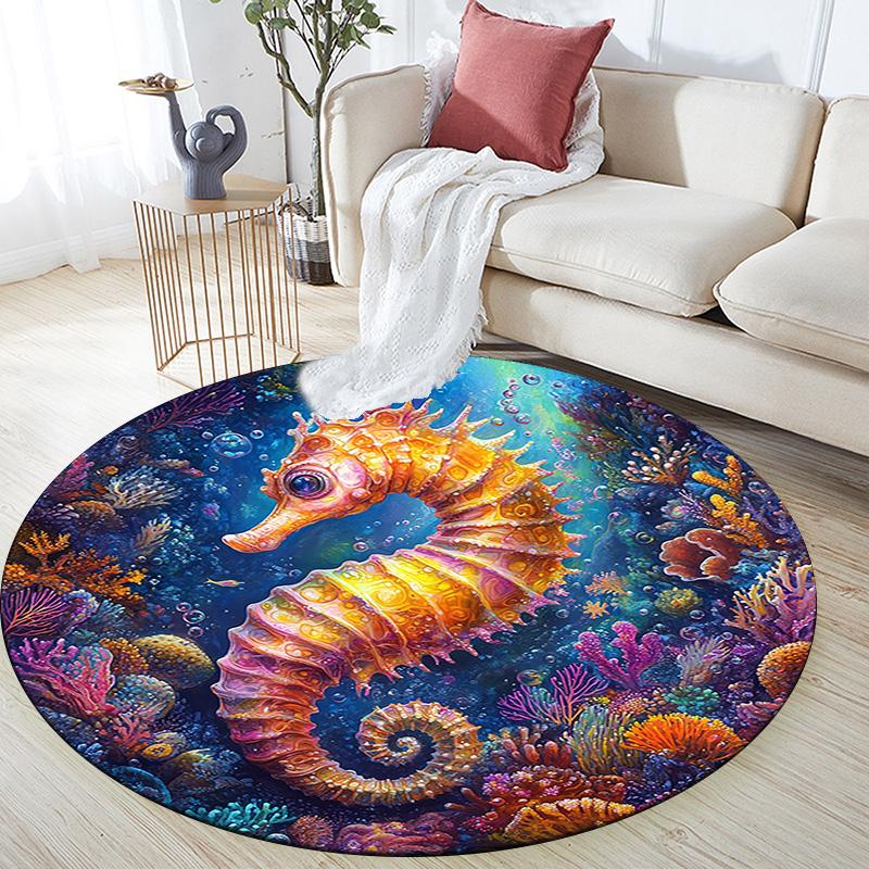 Seahorse Round Area Rug,Carpet Rug for Living Room Bedroom Sofa Playroom Decor,Non-slip Floor Mat