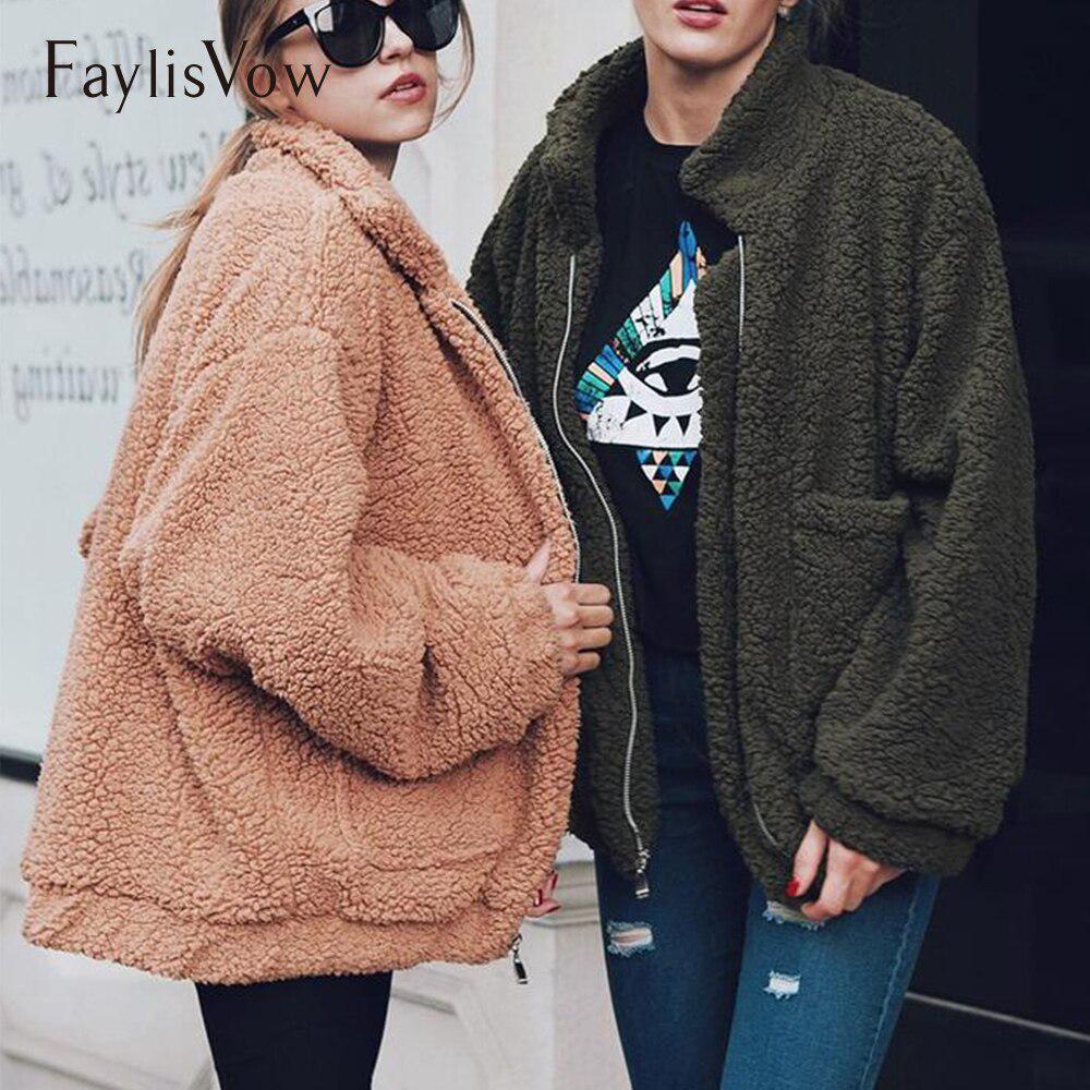 Oversized Faux Teddy Bear Coat  Autumn Winter Warm Thick Bomber Jacket Women Fuzzy Zipper Jackets
