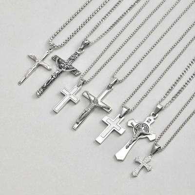 Stainless Steel Cross Pendant for Women Saint Benedict Catholic Jesus Silver Color Necklaces Prayer Jewelry Easter Gift