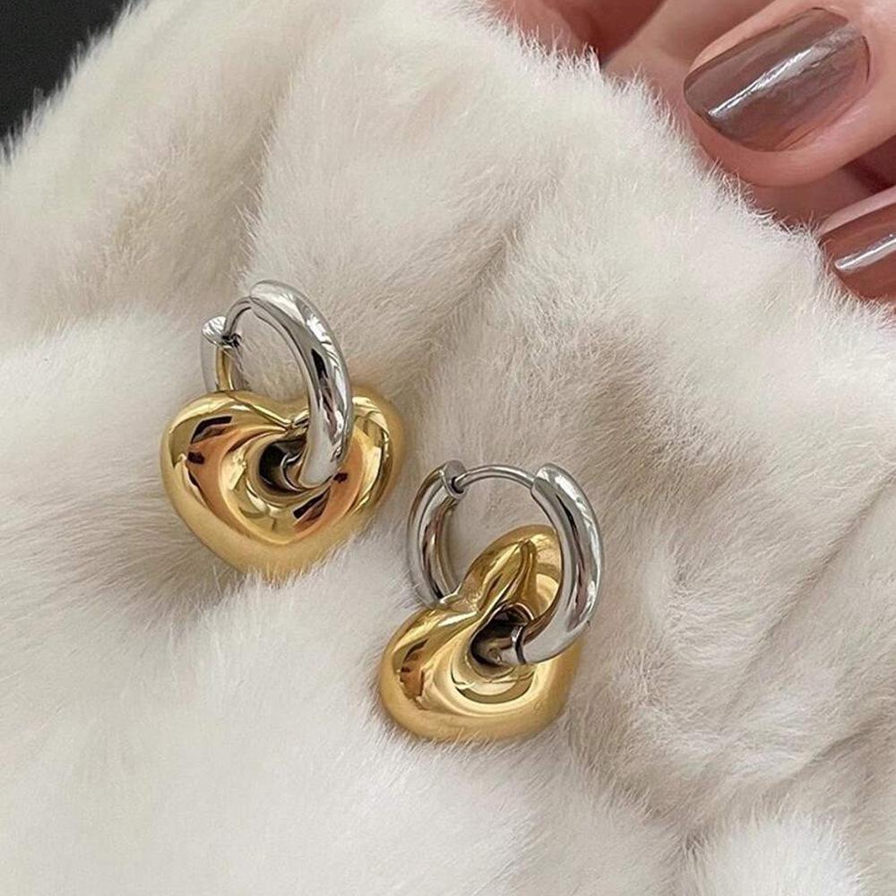Creative French Heart Set: Stainless Steel Earrings & Pendant for Women - Gold & Silver. Fashionable, Color-Blocked, Unique Ear Jewelry.