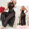 European and American Sexy Lace Halter Neck Dress with Bare Back, High Waist, Side Slit, Form-Fitting, Bodycon, Seductive Nightgown, Sexy Set