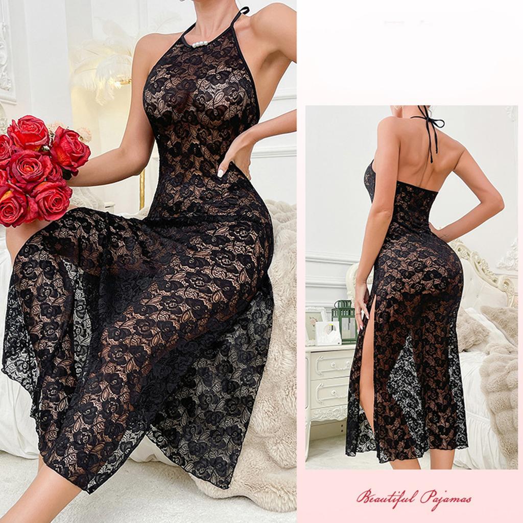 European and American Sexy Lace Halter Neck Dress with Bare Back, High Waist, Side Slit, Form-Fitting, Bodycon, Seductive Nightgown, Sexy Set