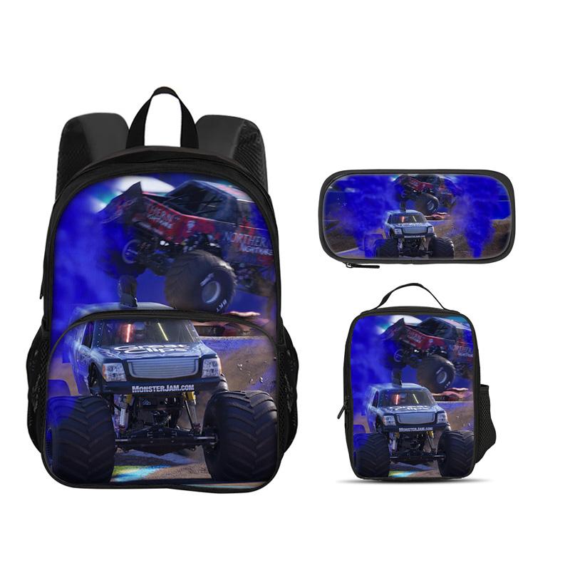 Monster Jam Round Front Bag Backpack Pen Bag Ice Bag 3Pcs Set Cartoon Print Student's Best Campus Companion Birthday Gift