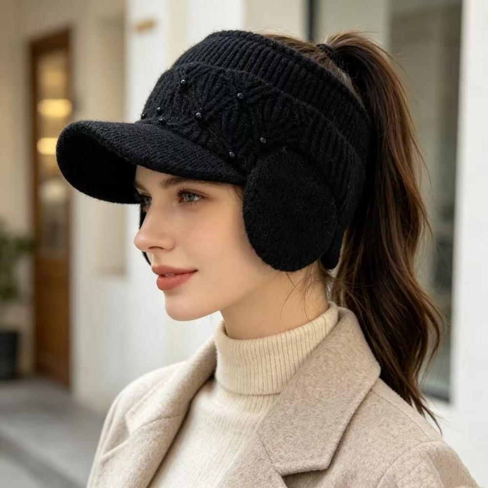 Anti-freezing Ear Protection Hat Pearl Winter Warm Hat New Women Ponytail Beanie Women Beanie Hat