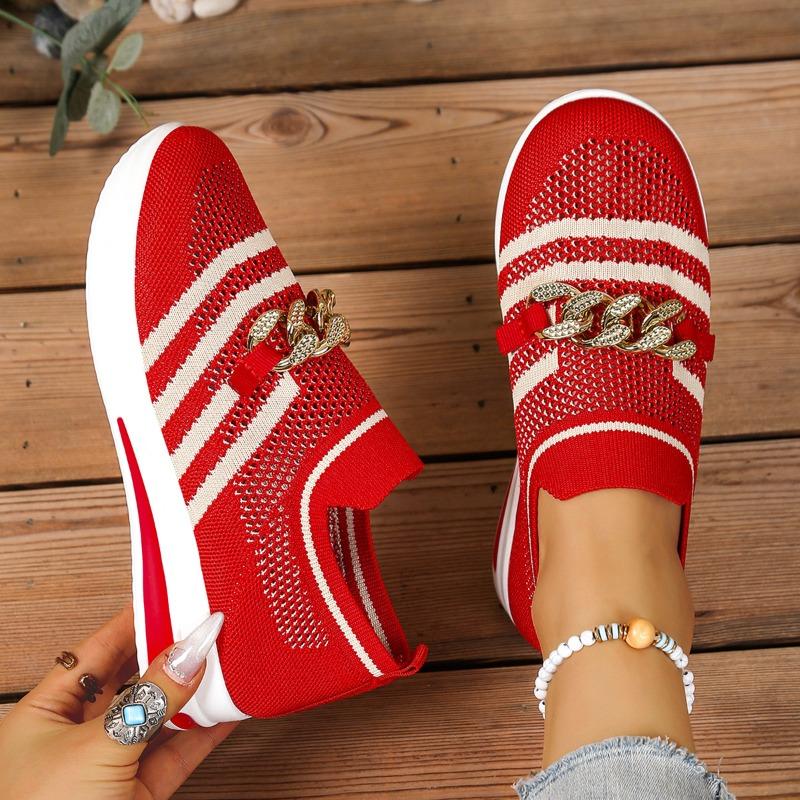 Neue Metallkette, Keilabsatz, dicke Sohle, Einslipper, atmungsaktives und leichtes Mesh, Übergröße lässige Dameneinzelschuhe