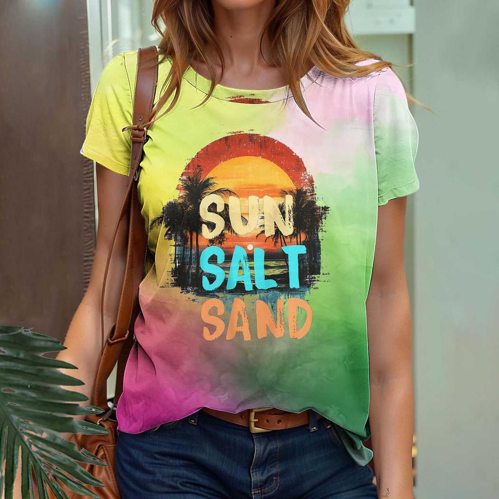 Summer Fruit Coconut Tree Gradient 3D Print Beach T-Shirts Short Sleeve O-Neck Women's T-shirts