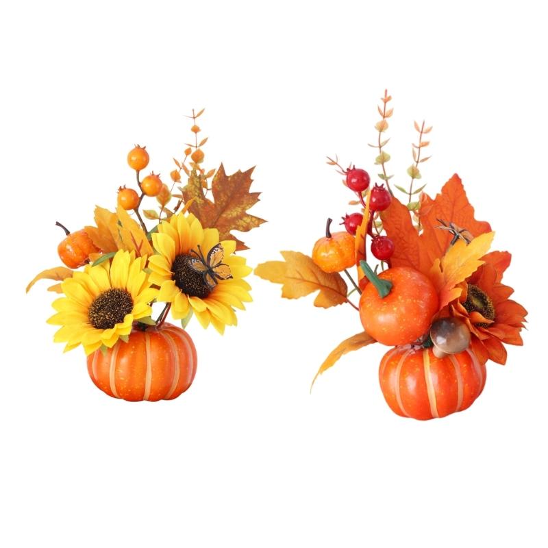 Seasonal Room Piece Faux Gourd Base with Harvest Leaf Branch for Meal Table, Shelf, Entry Place, and Home Display