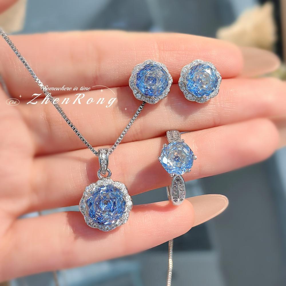 Women Jewelry Set Octagon Rose Cut Paraiba Necklace High Carbon Diamond Tanzanite Earrings Rose Ring