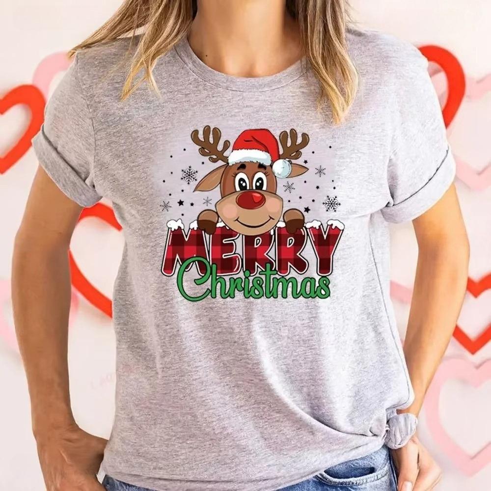 Unisex Merry Christmas Reindeer Graphic Tshirt Santa Hat Print Crew Neck Short Sleeve Holiday Party Casual Tee For Unisex Unisex