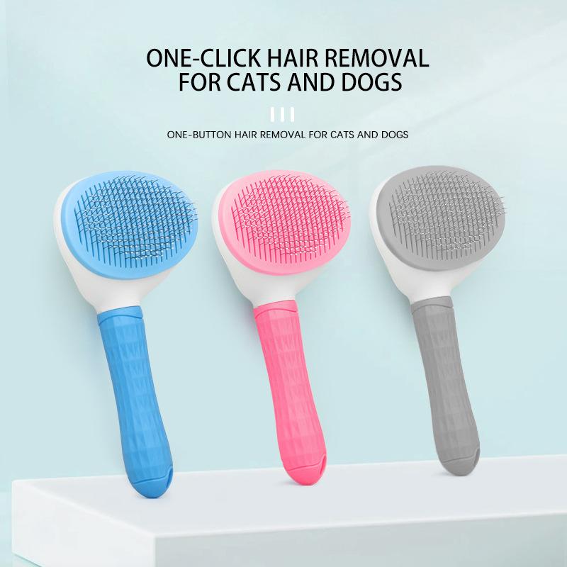 Automatic Hair Release Pet Grooming Brush Blue Two-Tone Ergonomic Handle Anti-Scratch Steel Pin Brush for Long Short Haired Pets
