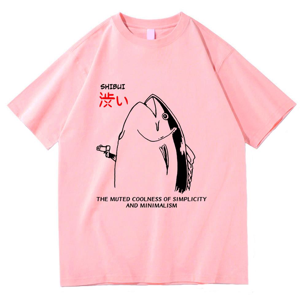 Harajuku Style Lovely Autumn All-purpose Top Fun Japanese Fish and Gun Design T-shirt Couples Unisex Cotton Design T-shirt
