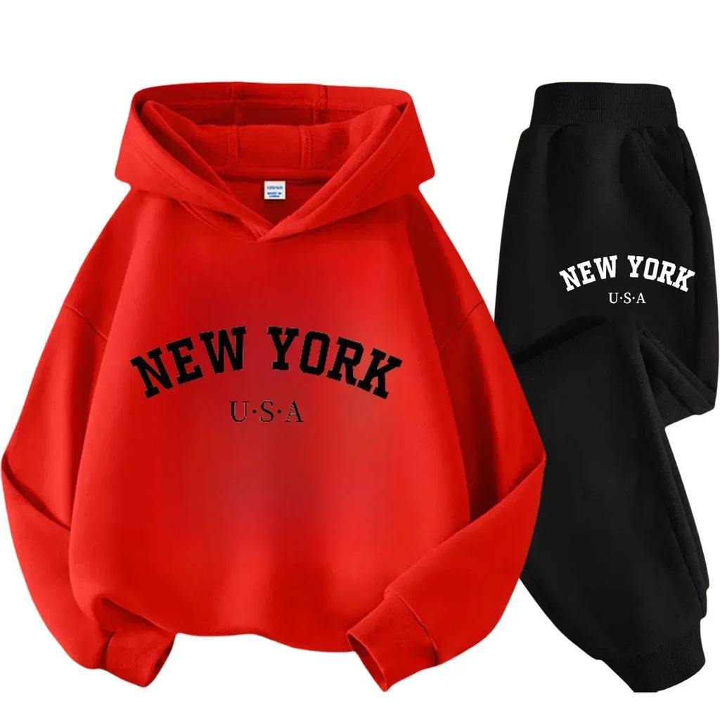 New York American Letter Print Children Hooded Sweatshirt Pants Two-piece Set Boy Girl Autumn Winter Daily Loose Warm