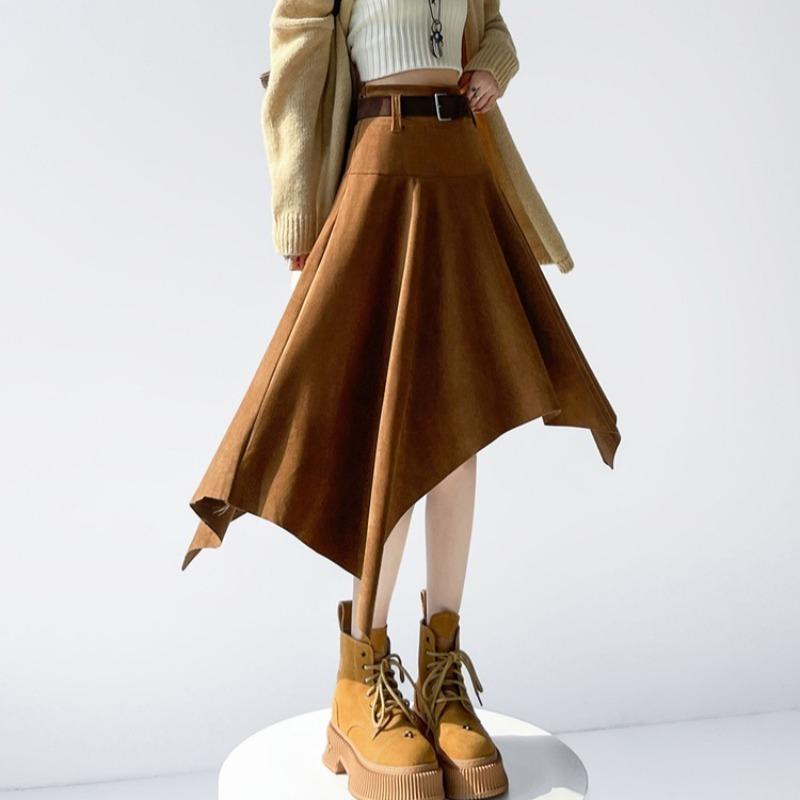 Fustă mini asimetrică vintage din piele întoarsă pentru femei, cu talie înaltă, slim, linie A, fuste midi