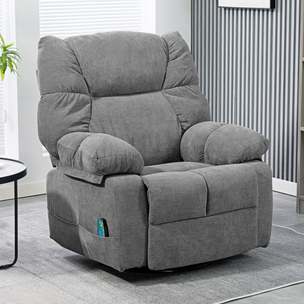 Recliner with Massage Function, Reclining Function, Swivel Massage Chair, 4 Side Pockets and Remote Control, Dark Gray