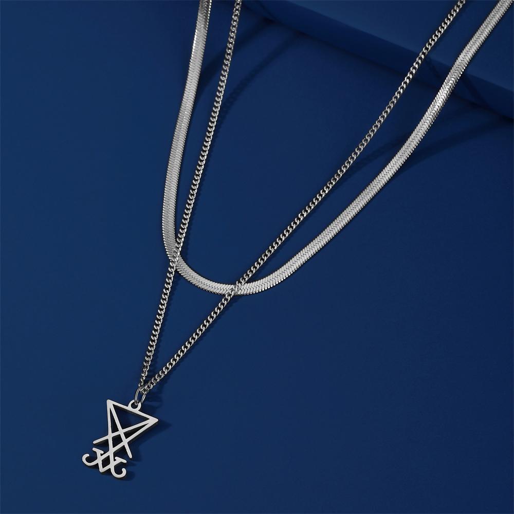 Sigil Of Lucifer Pendant Necklace Stainless Steel Double Layer Snake Chain Amulet Jewelry for Women