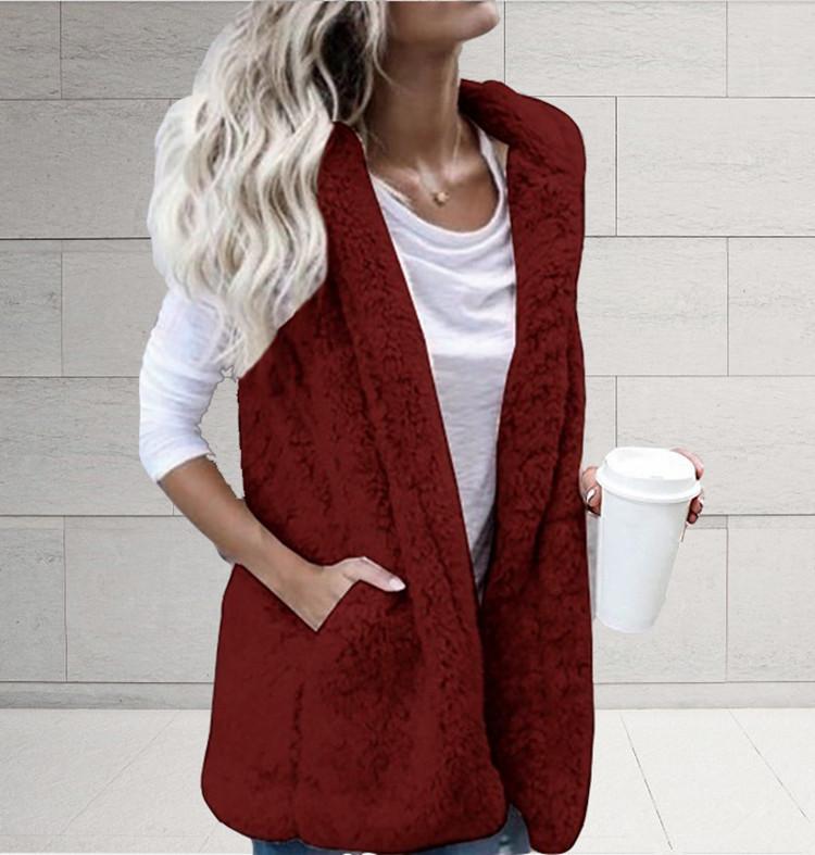 Damen Weste Eleganter Stil Einfarbige Ärmellose Fleeceweste mit Kapuze Mittellange Weste mit Taschen Herbst Winter Übergröße