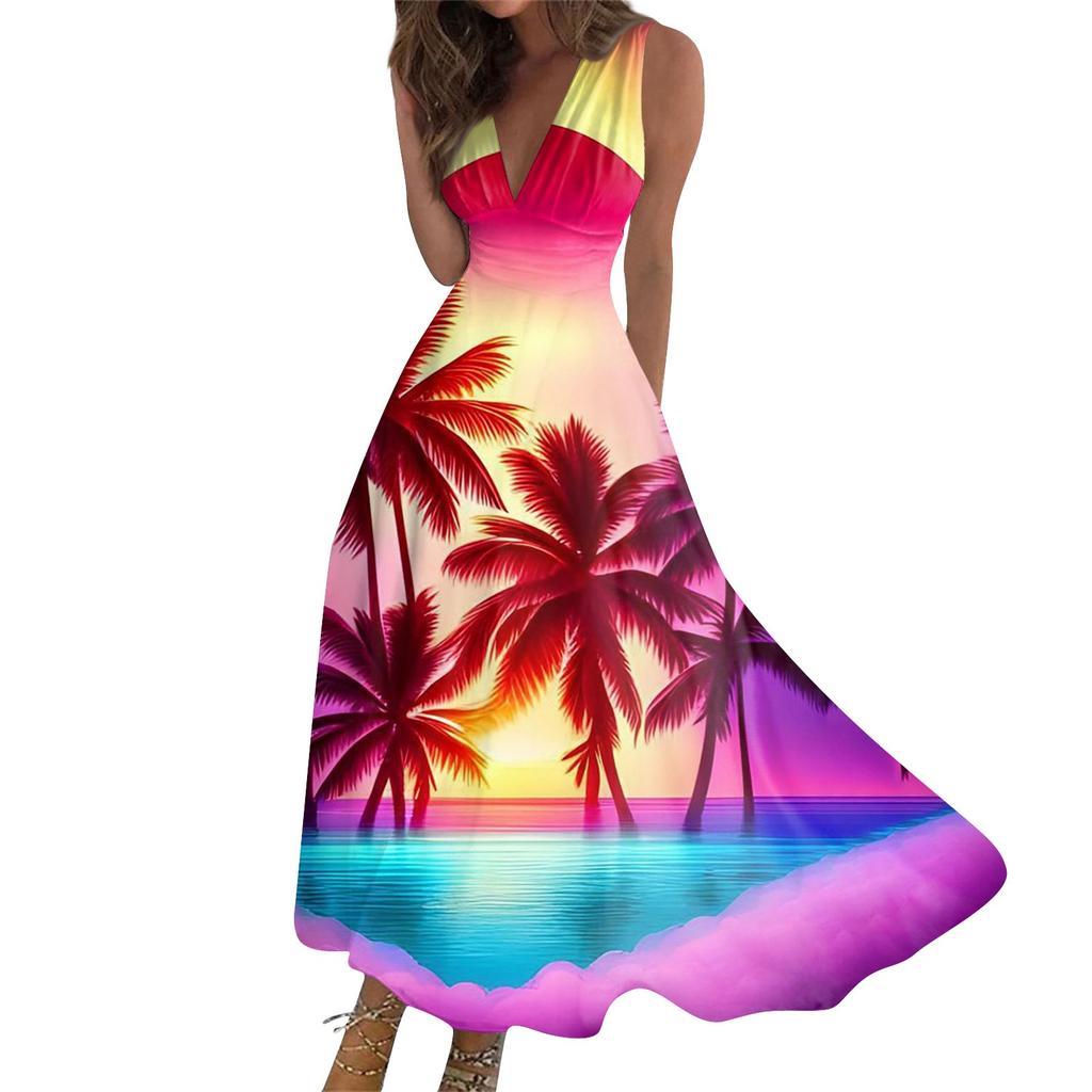 Damen Sommermode Hawaiian Print V-Ausschnitt Ärmellose Tunika Freizeitkleider