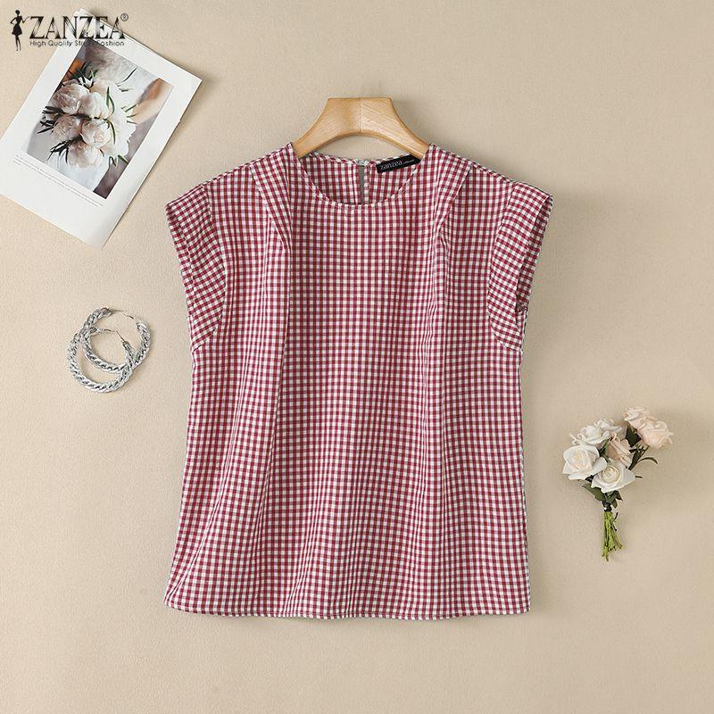 ZANZEA Women Casual Round Neck Sleeveless Plaid Print Blouse