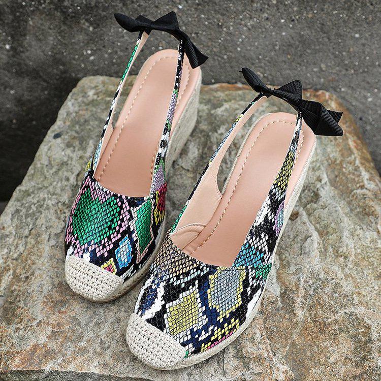European & American Snakeskin Pattern Jute Wedge Women's Closed-Toe Backless Summer Sandals, Plus Size High Heel Shoes