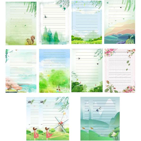 Набор писчей бумаги - 50 листов в линейку для написания писем, заметок, приглашений, формат A4, 10 разных стилей
