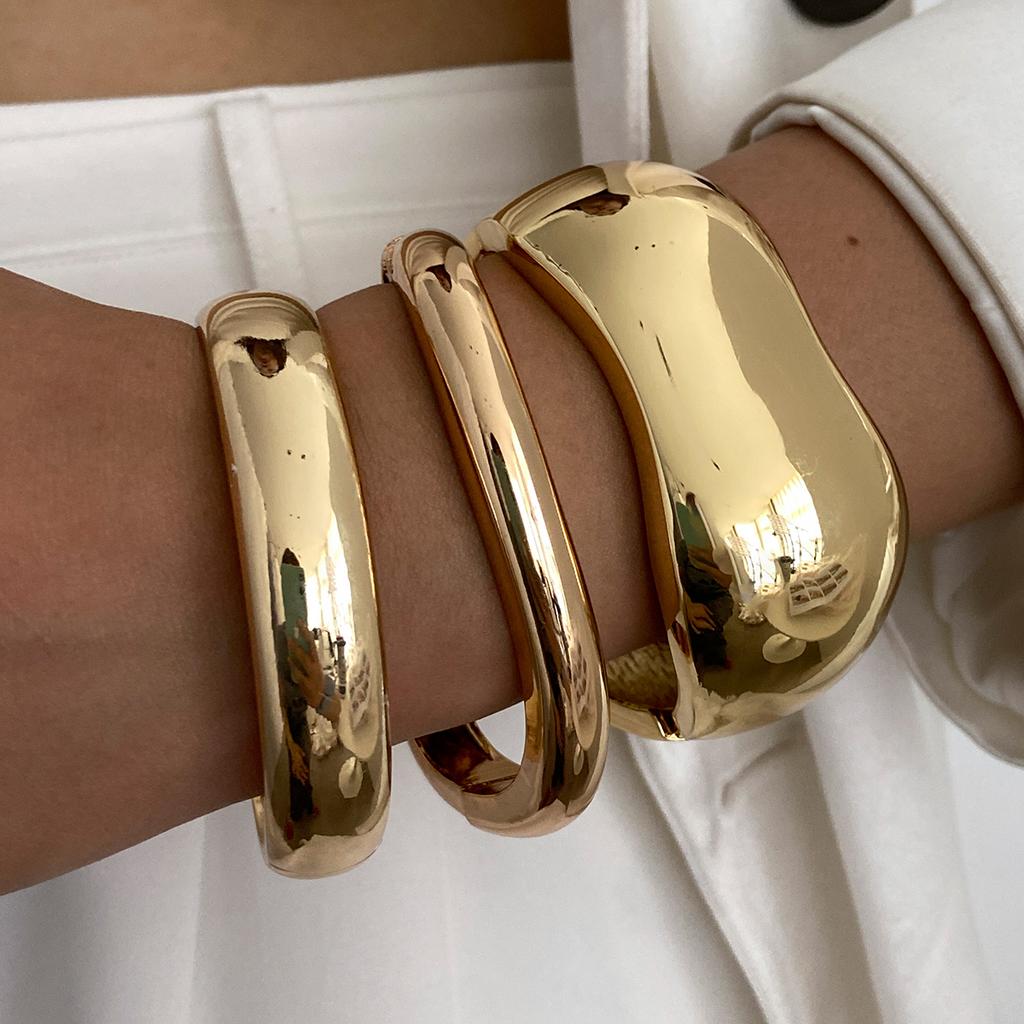 SHIXIN Hip Hop Smooth Surface Irregular Wide Bracelet for Women Trendy Stackable Gold Color Opening Spring Bangle Party Jewelry