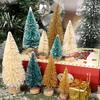 Artificial Mini Christmas Tree DIY Crafts Sisal Pine Tree Desktop Miniature Ornaments with Wood Base Winter Xmas Party Decor