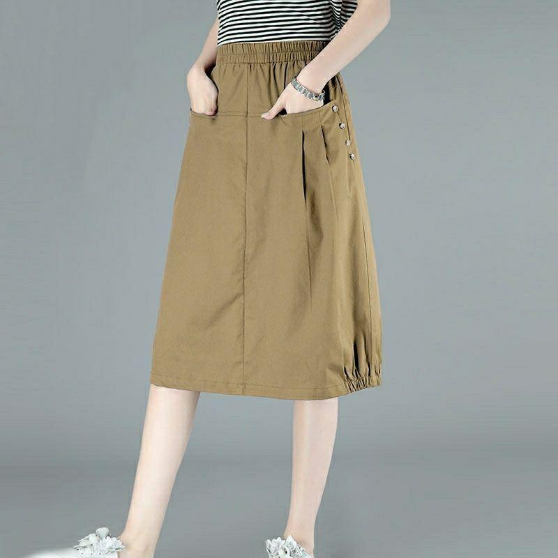 

Хлопково-льняные винтажные летние юбки с высокой талией и карманами, офисные женские рабочие юбки, свободные женские повседневные юбки-миди 3XL