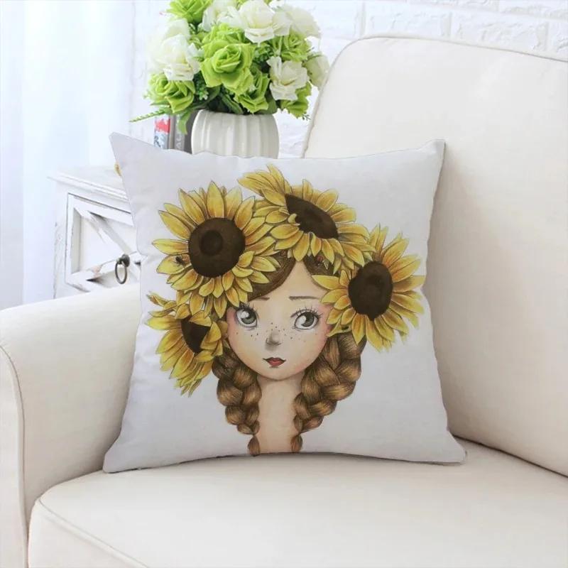 Față de pernă decorativă de lux pentru casă, pentru mașină, sufragerie, canapea, cu model Fata cu floarea-soarelui