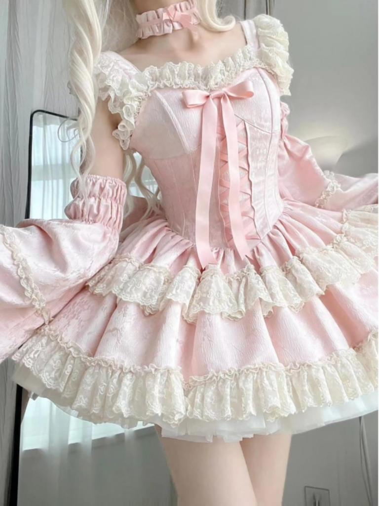 XHSUKADO Lolita Idol Lang Kurzarm Flauschiges Prinzessin Französische Prinzessin Größe L Kleid, 2-teiliges Set, Kostüm, Cosplay, Damen, Niedlich, Ärmel, Ärmel,