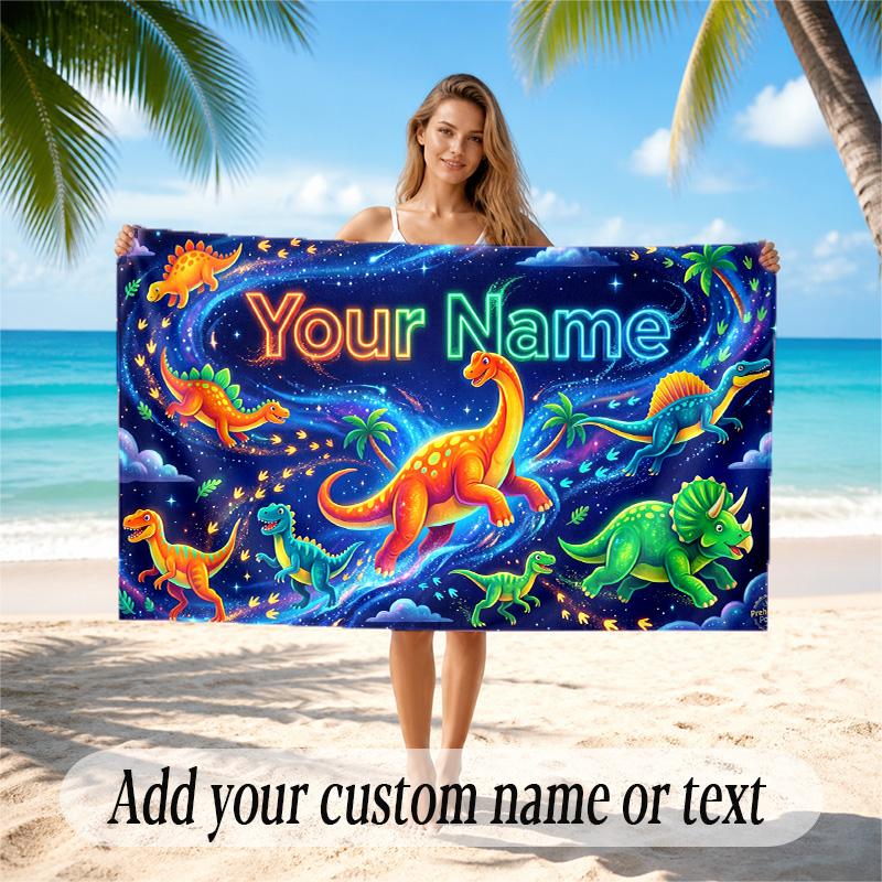 Dinosaur Theme Quick Dry Beach Towel Custom Name Text Print Large Sand Resistant Towel Beach Vacation