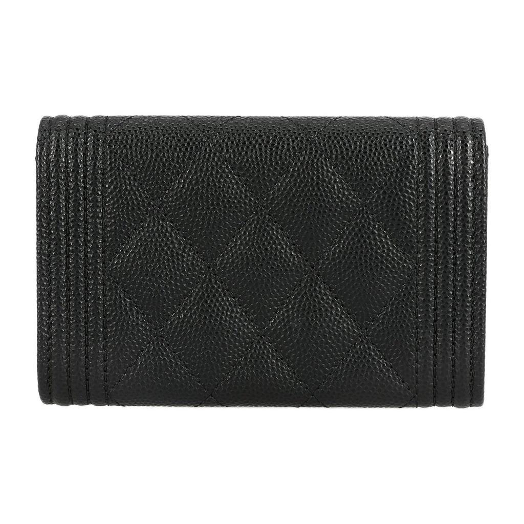 CHANEL 21K Winter Leboy  Gold Buckle  Diamond Pattern  Snap Closure  Textured Litchi Leather  Top Handle Bag  Card Holder  Wallet  Women's  Black