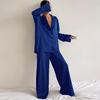 Women's Satin Silk Sleepwear Low Cut Sexy Home Clothes Pajamas Single Breasted Long Sleeves Wide Leg Pants Trouser Set