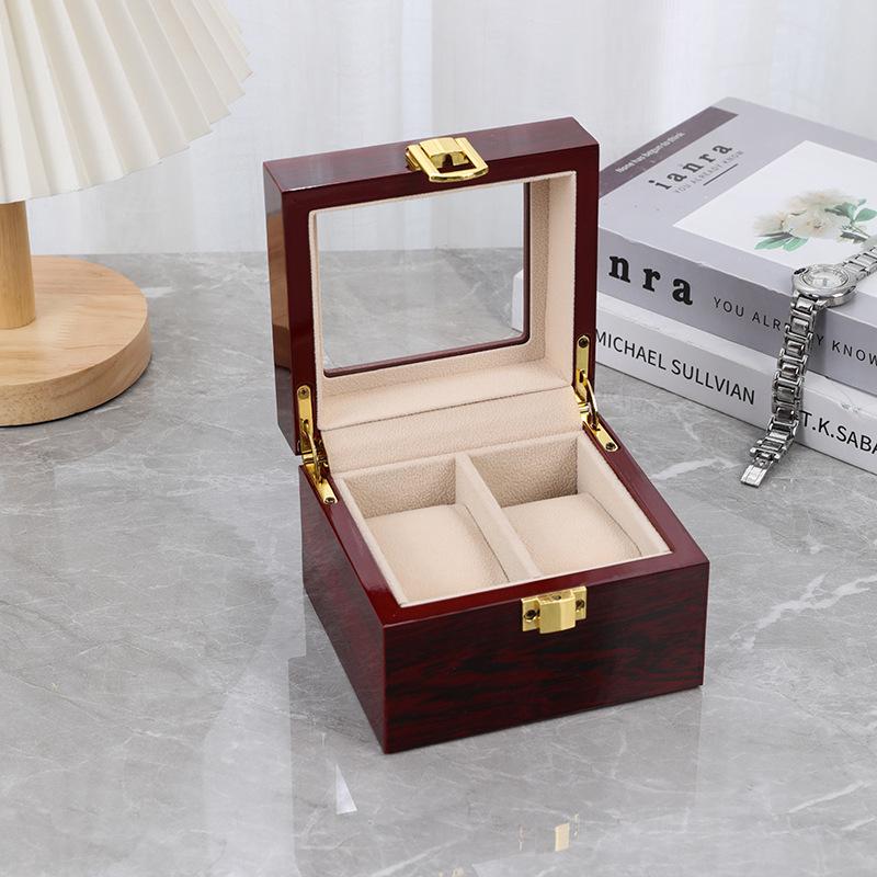 Luxusní dřevěná krabička na hodinky v evropském stylu s průhledným odklápěcím víkem a přezkou, červený 12místný displej