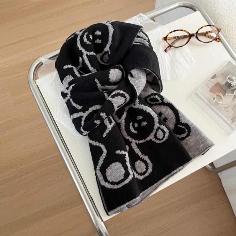 Soft Knitted Bear Motif Scarf Women Winter Warm Double-Sided Wrap Shawl Student Style Unisex Accessory