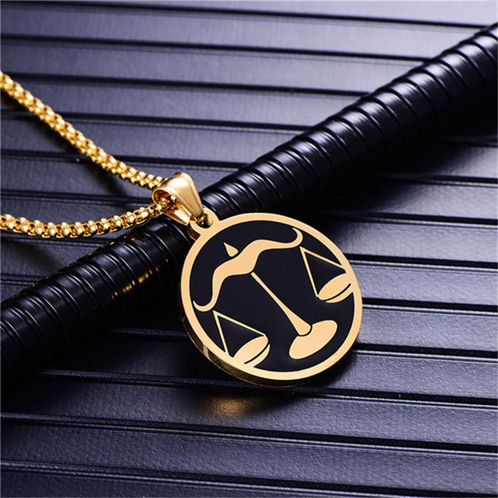 Punk Zodiac Constellation Pendant Gold Color Stainless Steel Round Necklaces for Men Women Fashion Party Jewelry Birthday Gift