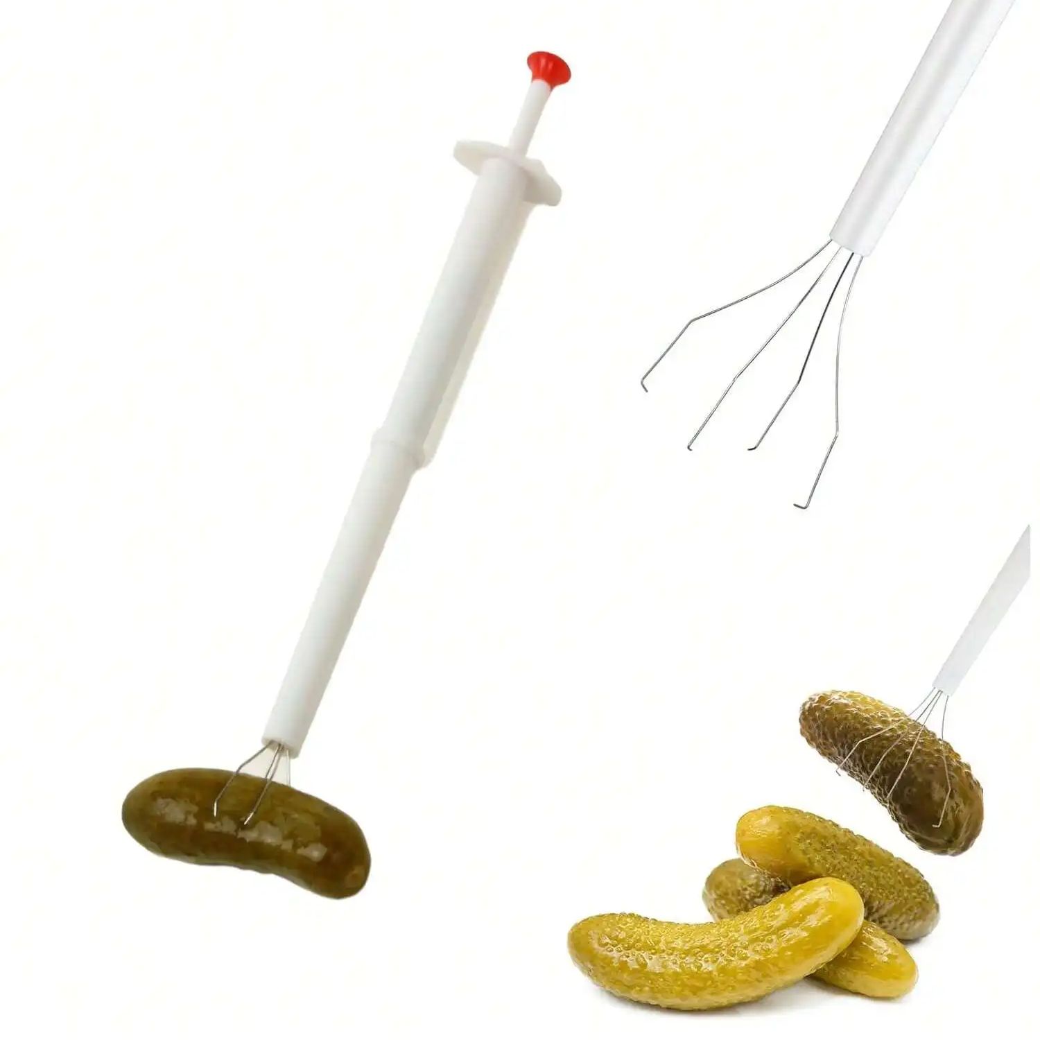 

1 шт. Инструмент для извлечения солений из нержавеющей стали и пластика, 8 дюймов, делюкс, инструмент для захвата солений, вилка для банки с соленьями для кухни, для еды белый