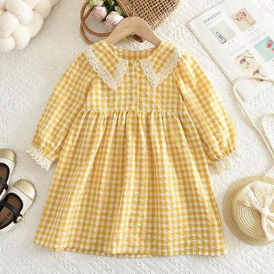 Girls' Autumn Plaid Dress with Lace Collar and Long Sleeves - Yellow and White.