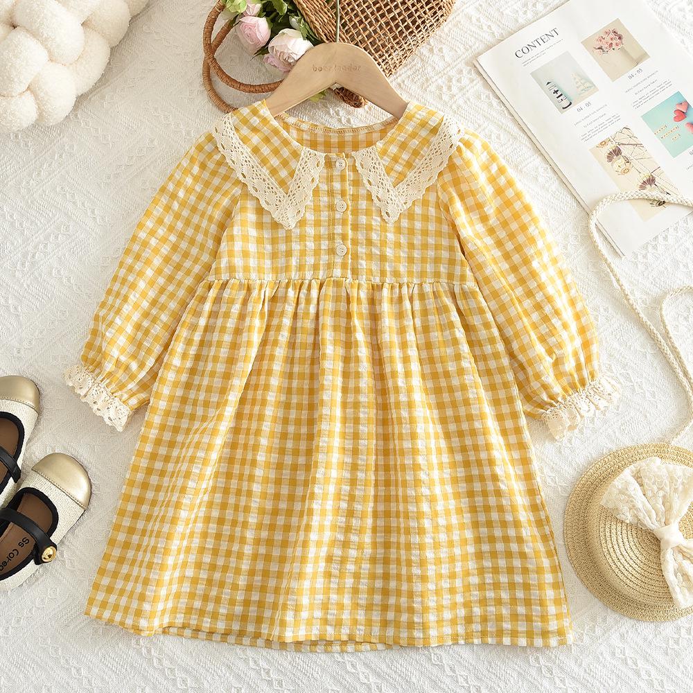 

Girls Autumn Plaid Dress with Lace Collar and Long Sleeves - Yellow and White. 4Y/110 жовтий