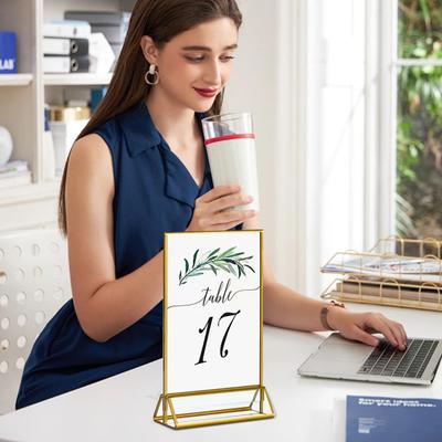 Portasegno Acrilico Bifacciale Dorato Portafoto Supporto da Tavolo Supporto per Segnaletica Trasparente Espositore per Volantini Menu Segnaposto per Matrimonio
