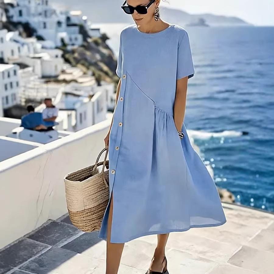 New Dress Casual Button Decoration Shrink Pocket Medium Length Dress