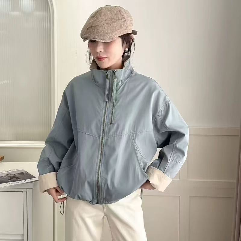 Women's Korean Style Loose Short Stand Collar Windbreaker Jacket for Spring and Autumn Color Block Double Zip Trendy Top