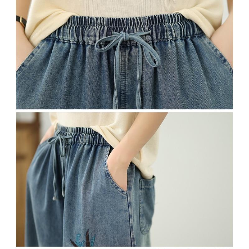 DIMANAF 2026 Summer New Plus Size Women Jeans Embroidery Floral Elastic Waist Long Pants Loose Casual Denim Cotton Trousers Pants