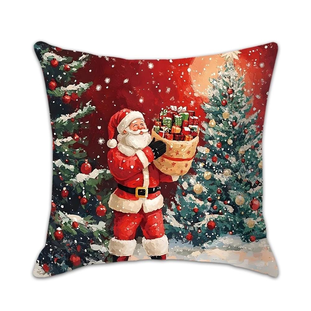Polyester Cushion Slipcover Santa Claus & Snowman Throw Pillow Cover  for Living Room Sofa