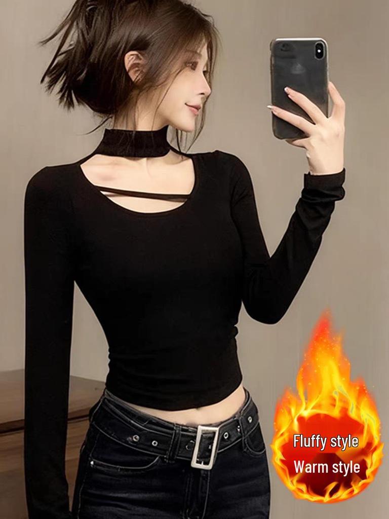 Spicy Girl Style Halter Neck Long Sleeve T-Shirt: Spring & Autumn Slim Fit, Pure Design, Short Base Layer for Women.