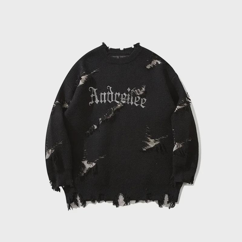 YWFG Men's Retro Letter Raw Edge Sweater - 2024 Autumn/Winter, Loose Fit, Versatile, Round Neck, Long-Sleeved Knit, Unisex.