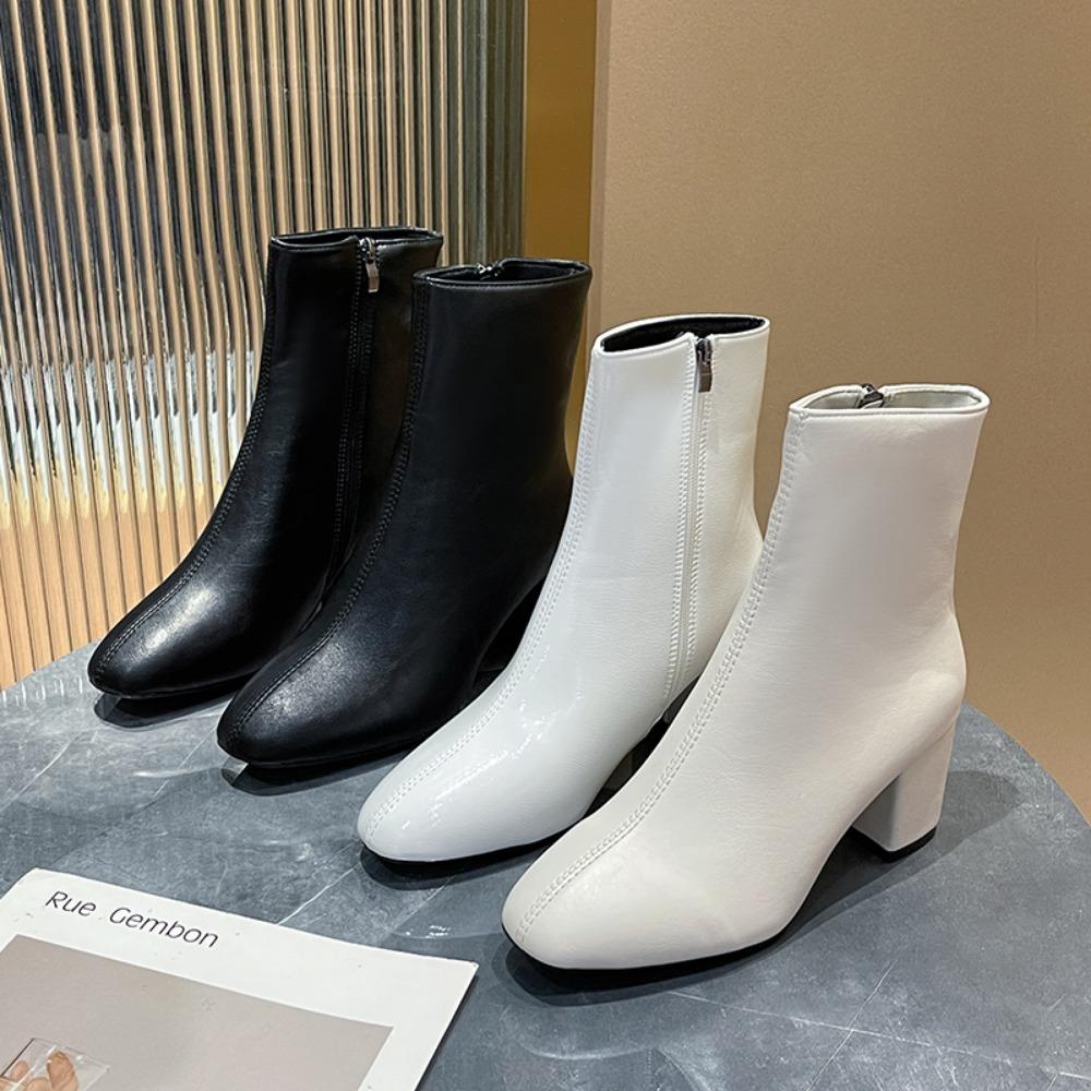 New Women Side Zipper Comfortable Mid Heel Ankle Boots Fashion Shoes Black Red White Square Heel Women Boots