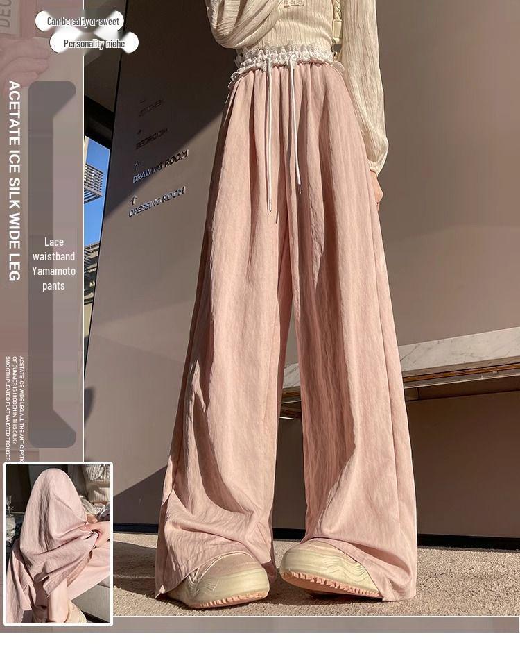 High-Waisted Sweet Lace Patchwork Wide-Leg Pants for Women - Loose-Fit Drawstring Trousers for Spring & Autumn