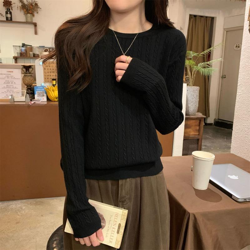 

Crew neck knitted top women s spring soft waxy versatile sweater fashionable twist design inner bottoming shirt L чорний